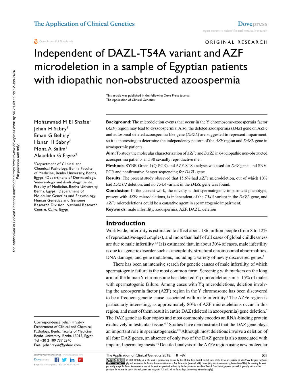 Independent of DAZL-T54A Variant and AZF Microdeletion in a Sample of Egyptian Patients with Idiopathic Non-Obstructed Azoospermia