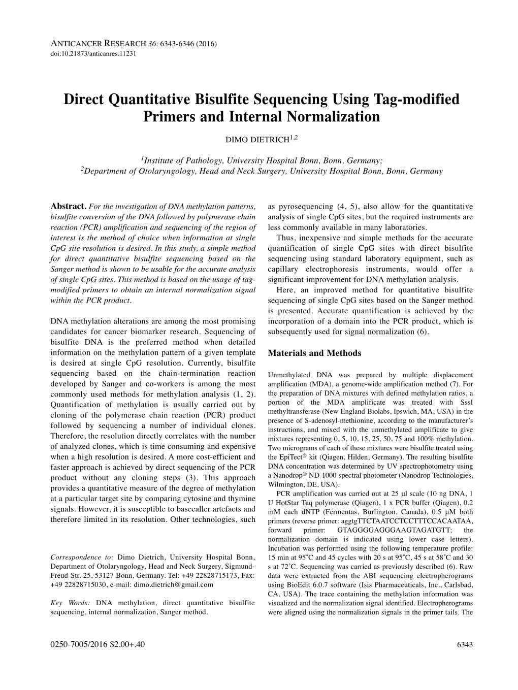 Direct Quantitative Bisulfite Sequencing Using Tag-Modified Primers and Internal Normalization DIMO DIETRICH 1,2