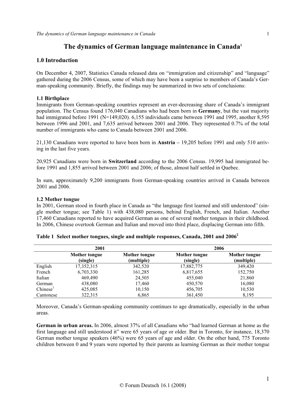 The Dynamics of German Language Maintenance in Canada1