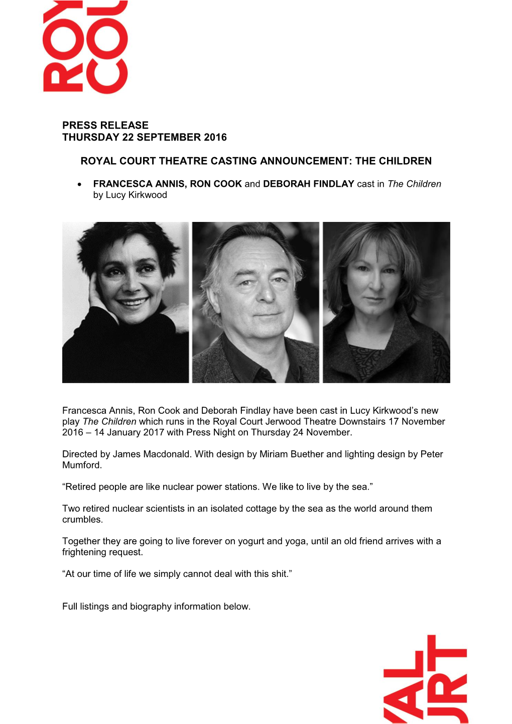 Press Release Thursday 22 September 2016 Royal Court