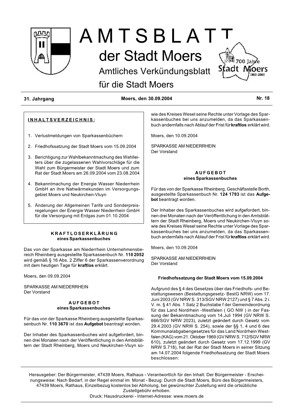 Amtsblatt Der Stadt Moers Seite 202 a M T S B L a T T Der Stadt Moers Amtliches Verkündungsblatt Für Die Stadt Moers