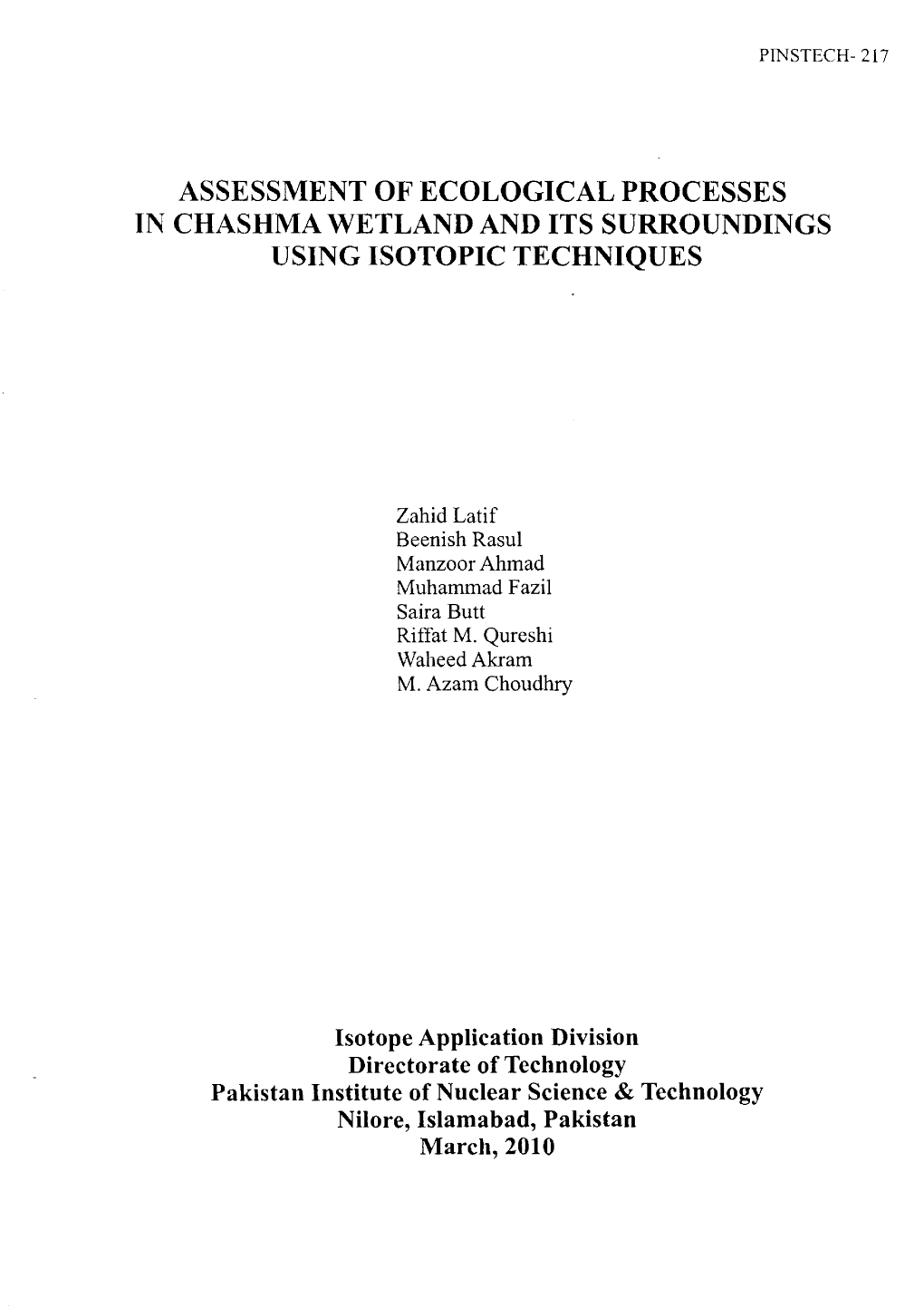 Assessment of Ecological Processes in Chashma Wetland and Its Surroundings Using Isotopic Techniques