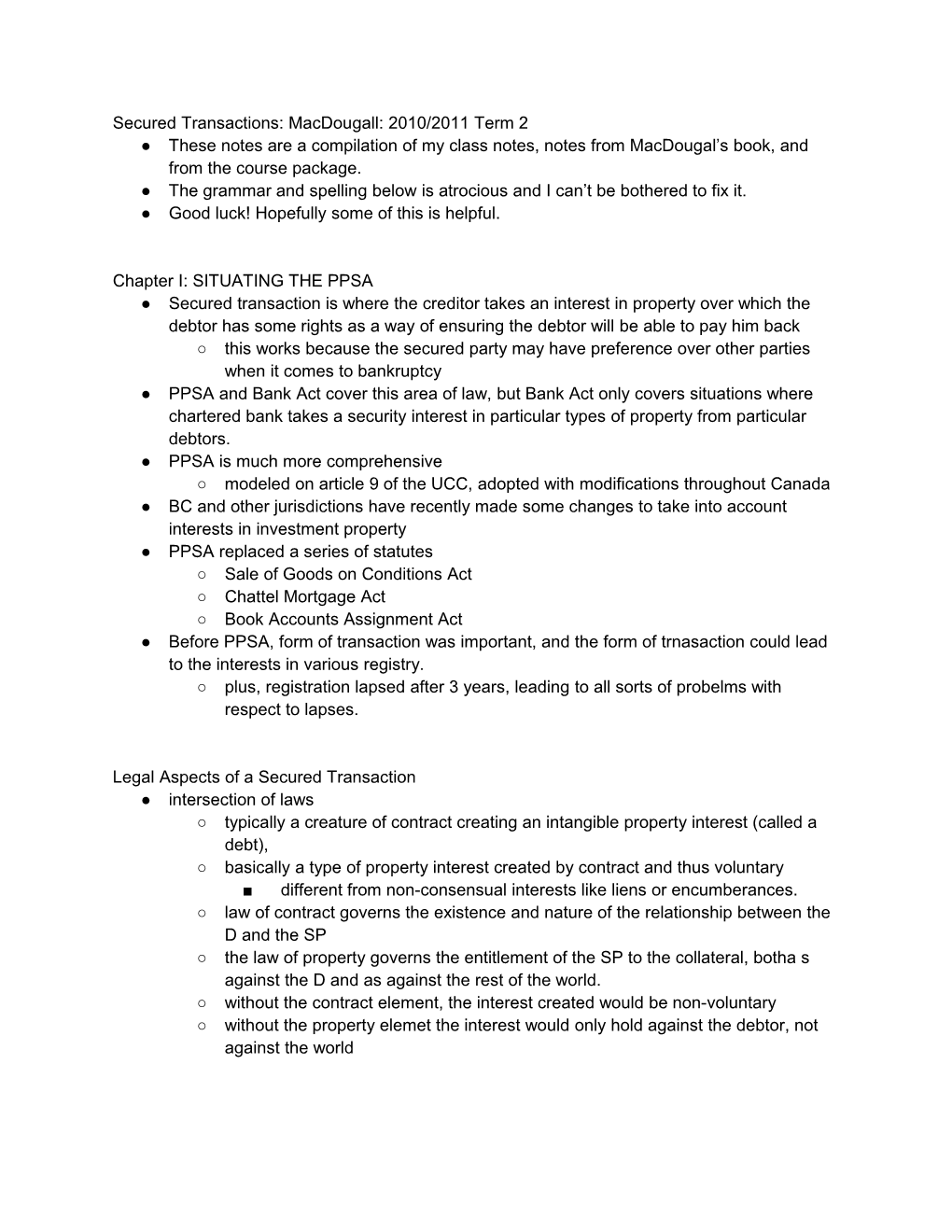 Secured Transactions: Macdougall: 2010/2011 Term 2