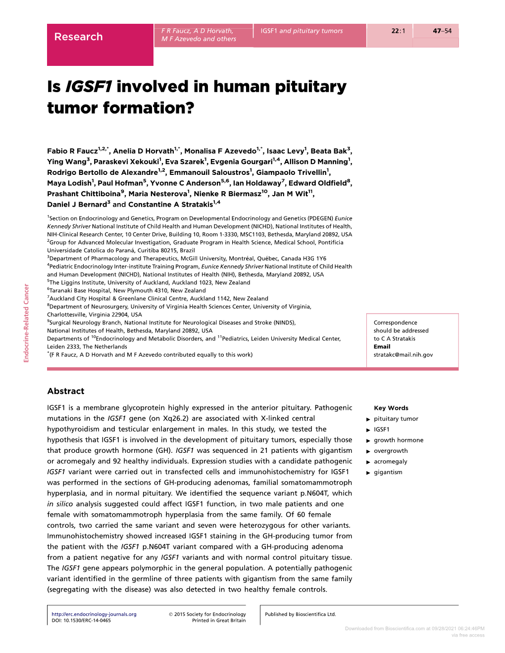 Is IGSF1 Involved in Human Pituitary Tumor Formation?