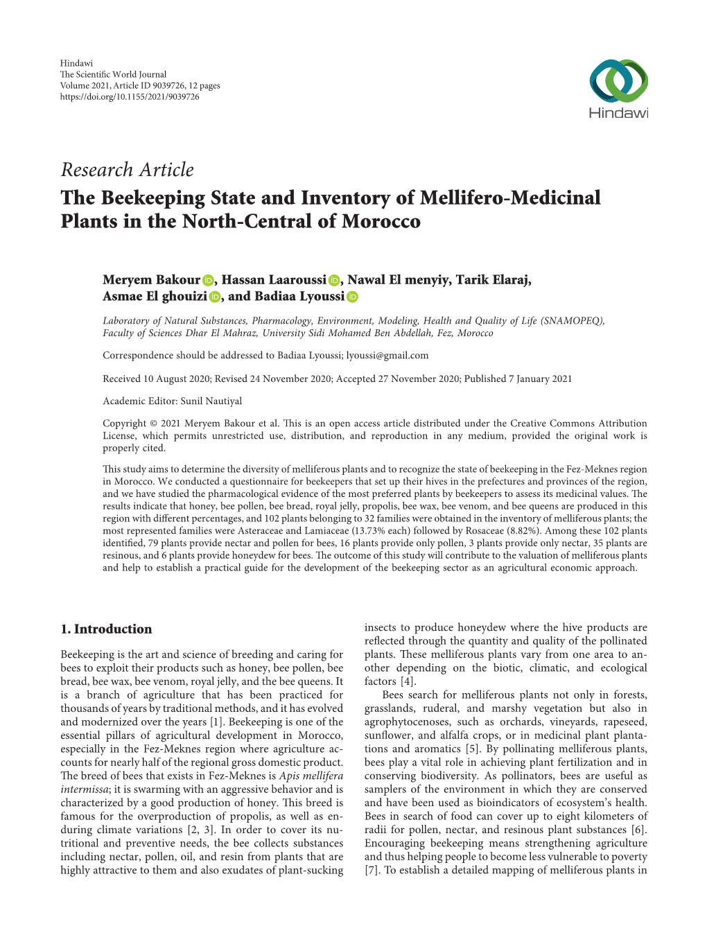 The Beekeeping State and Inventory of Mellifero-Medicinal Plants in the North-Central of Morocco