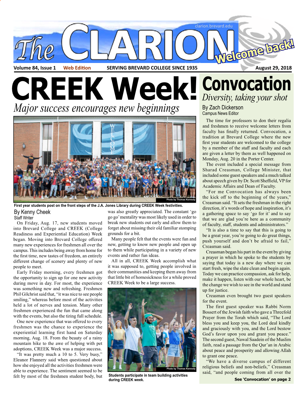 The Clarion, Vol. 84, Issue #1, Aug. 29, 2018