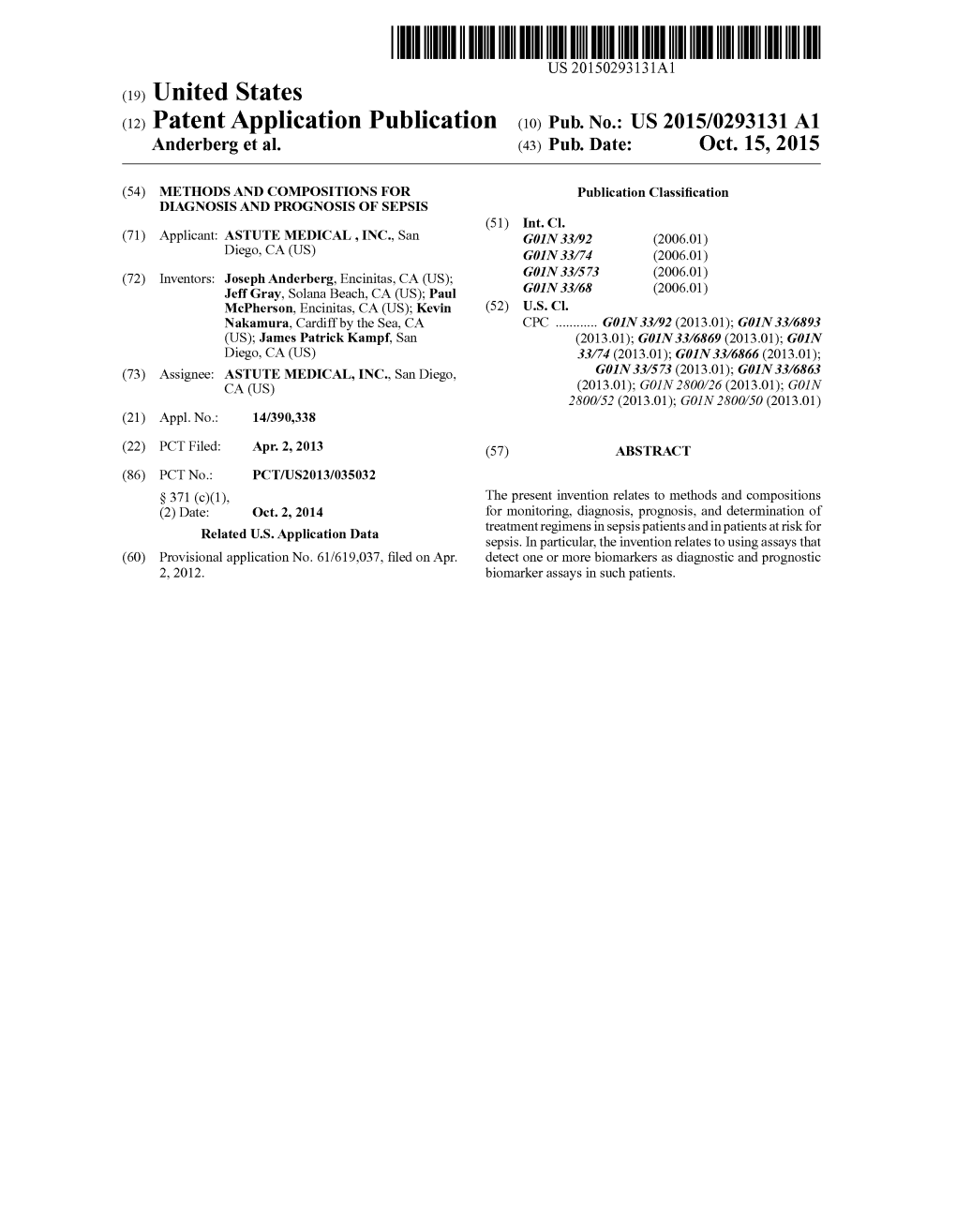 (12) Patent Application Publication (10) Pub. No.: US 2015/0293131 A1 Anderberg Et Al