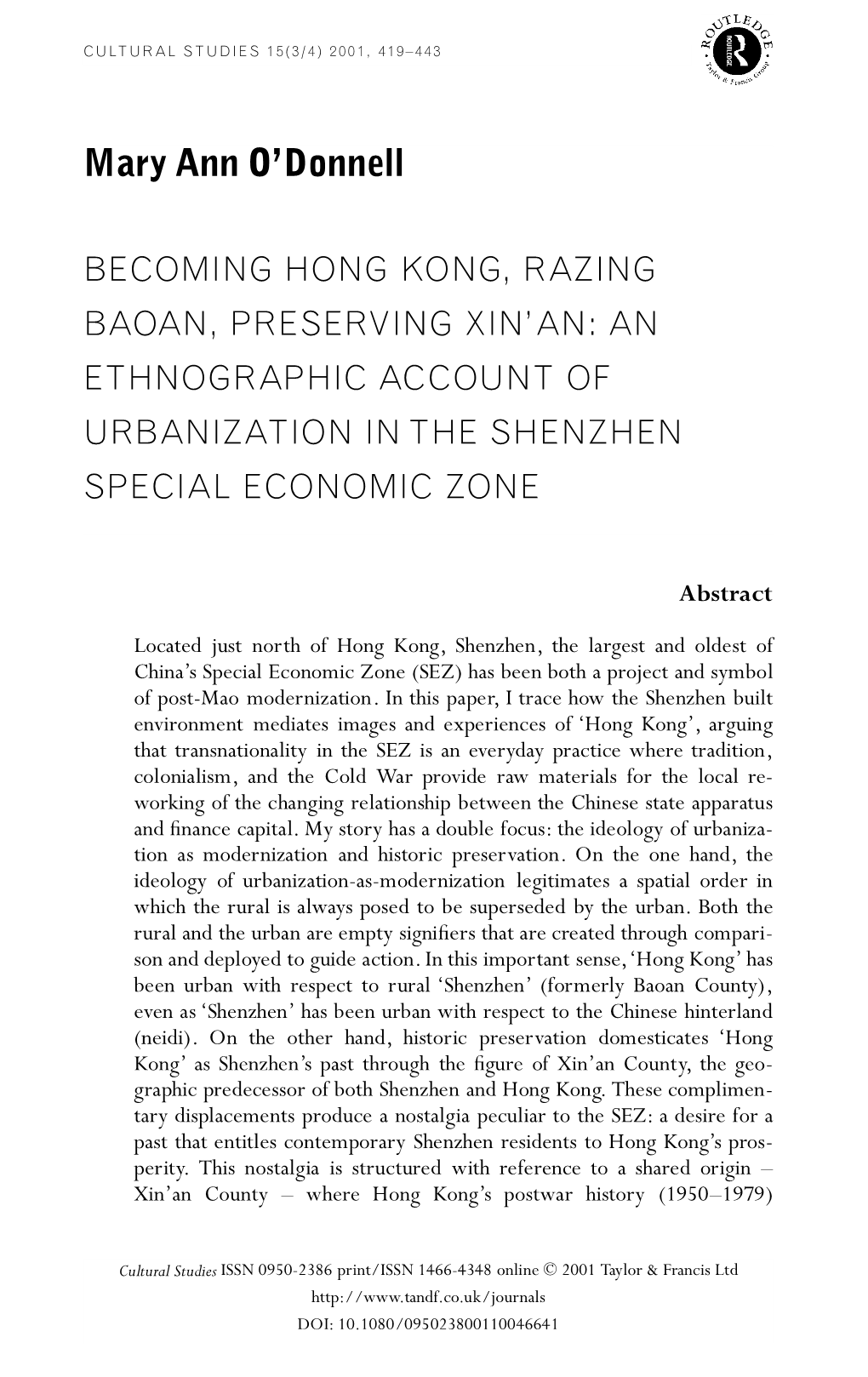 Becoming Hong Kong, Razing Baoan, Preserving Xin’An: an Ethnographic Account of Urbanization in the Shenzhen Special Economic Zone