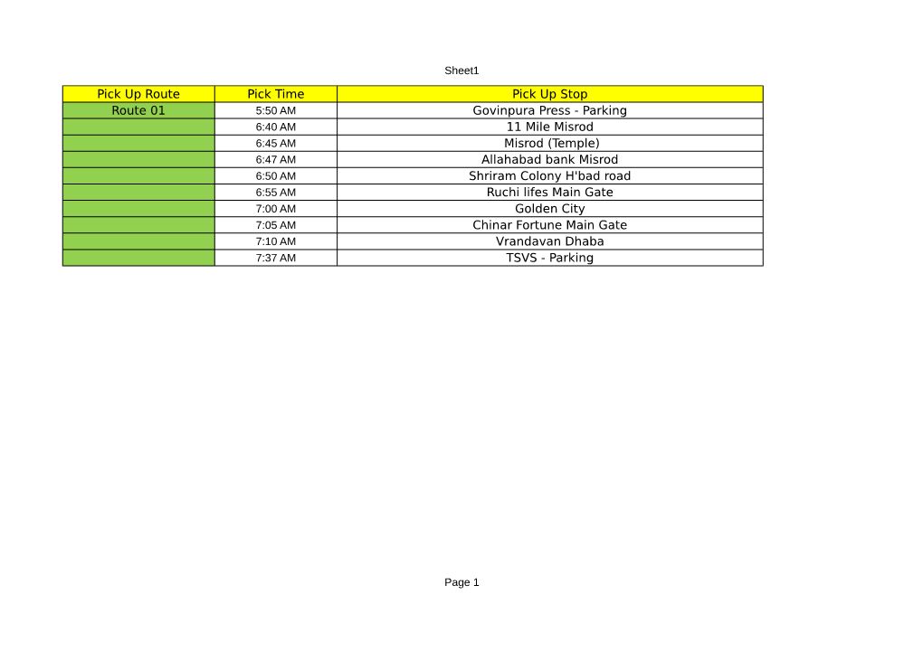Pick up Route Pick Time Pick up Stop Route 01 Govinpura Press