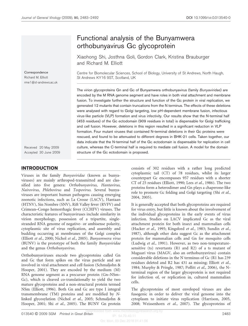 Functional Analysis of the Bunyamwera Orthobunyavirus Gc Glycoprotein