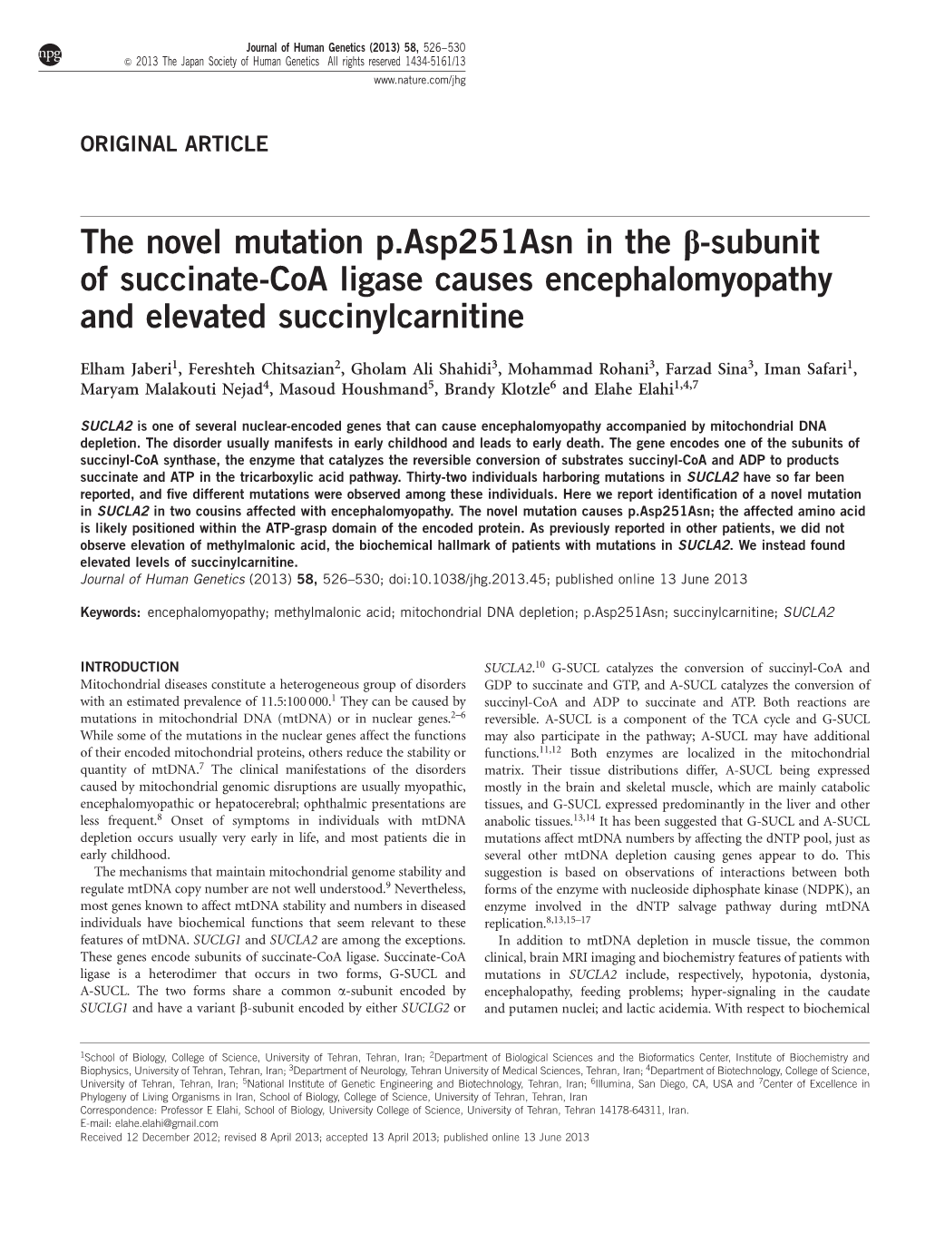 Subunit of Succinate-Coa Ligase Causes Encephalomyopathy and Elevated Succinylcarnitine