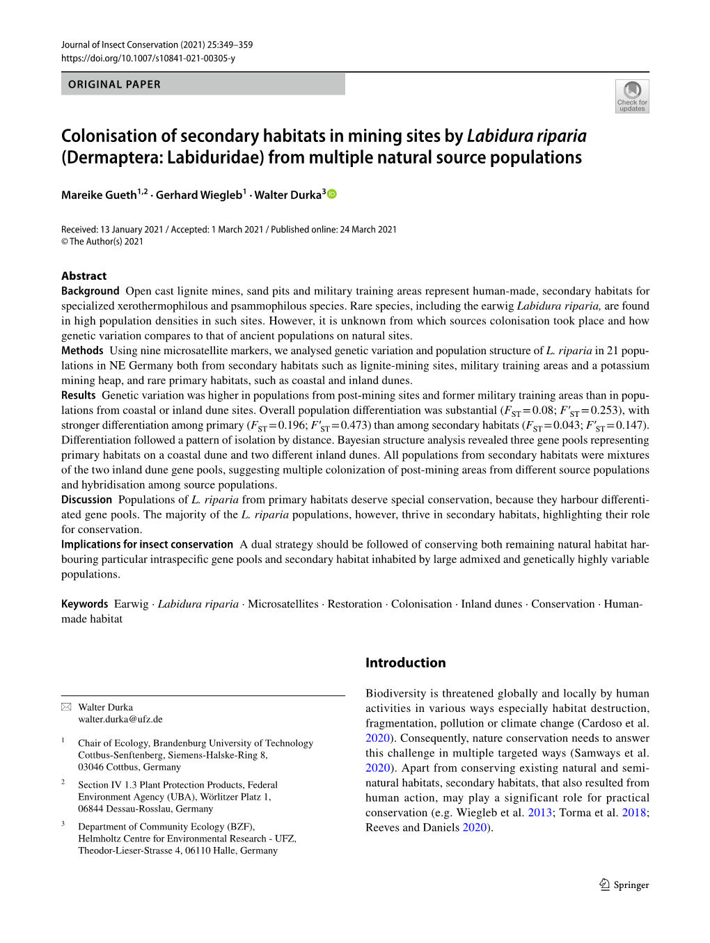 Colonisation of Secondary Habitats in Mining Sites by Labidura Riparia (Dermaptera: Labiduridae) from Multiple Natural Source Populations