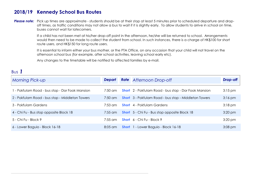Kennedy School Bus Routes 2018/19