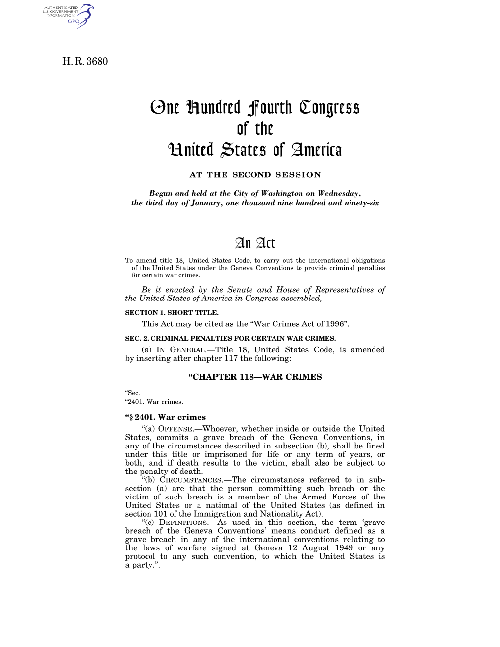 One Hundred Fourth Congress of the United States of America