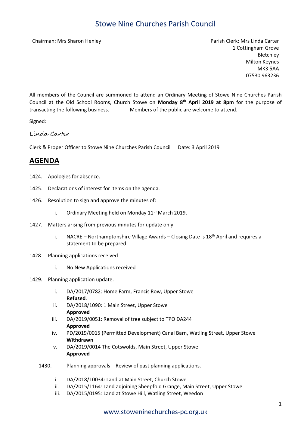 Stowe Nine Churches Parish Council AGENDA