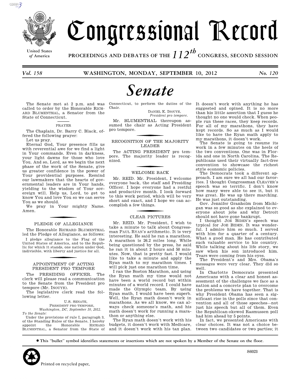 Congressional Record United States Th of America PROCEEDINGS and DEBATES of the 112 CONGRESS, SECOND SESSION