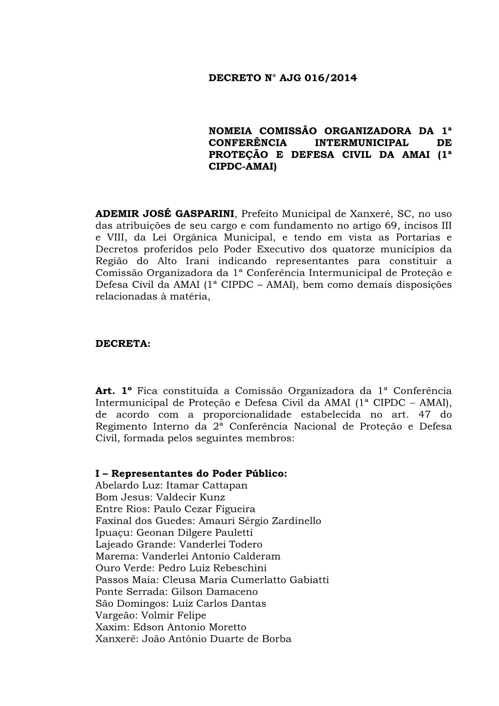 Decreto N° Ajg 016/2014