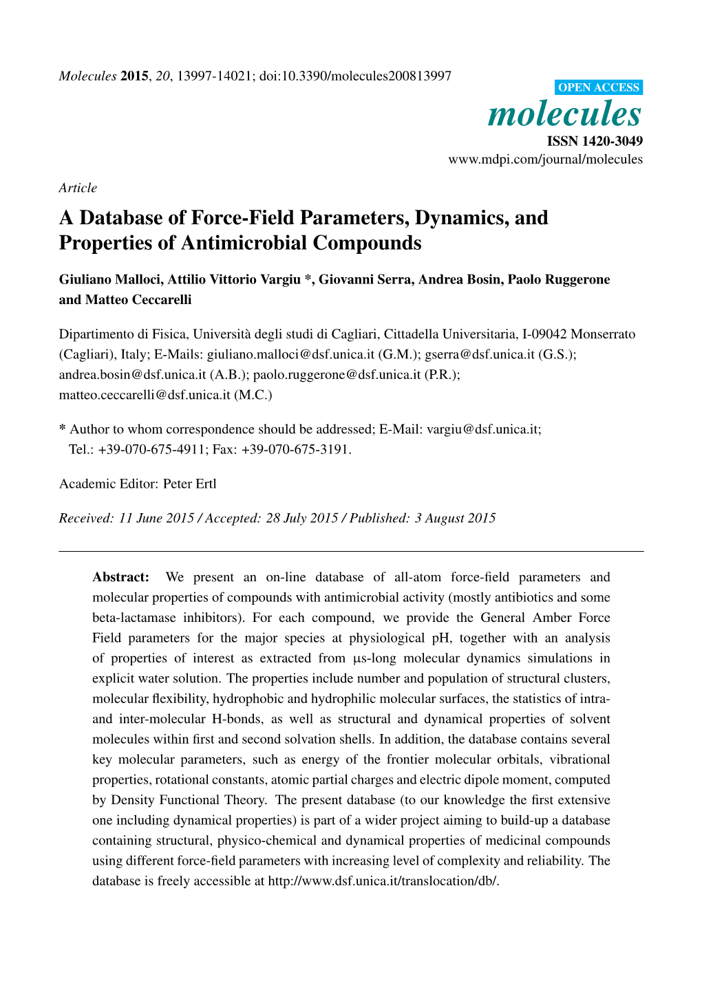A Database of Force-Field Parameters, Dynamics, and Properties of Antimicrobial Compounds