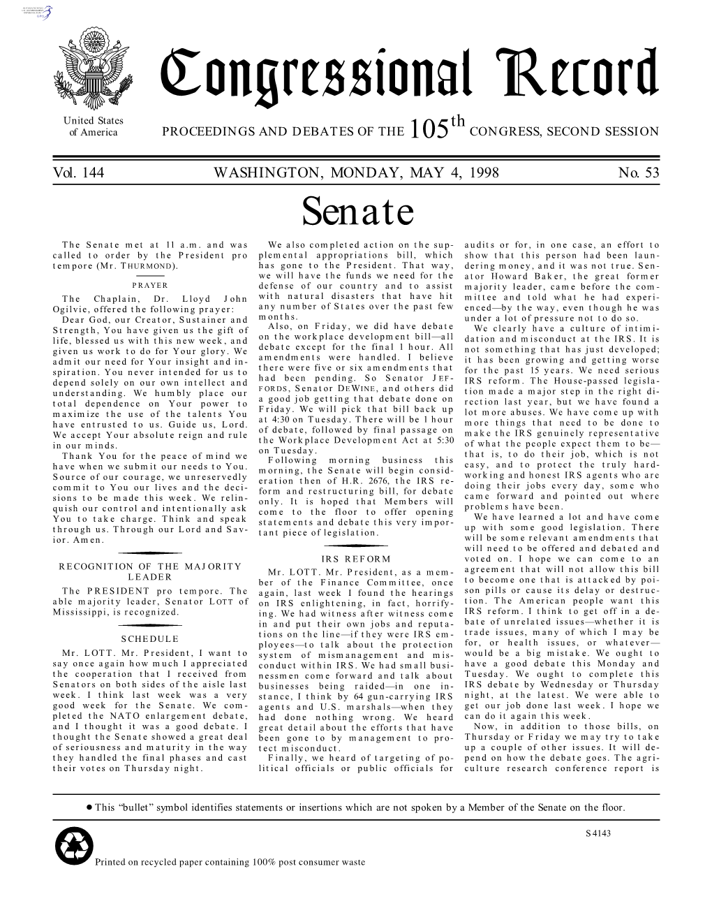 Congressional Record United States Th of America PROCEEDINGS and DEBATES of the 105 CONGRESS, SECOND SESSION