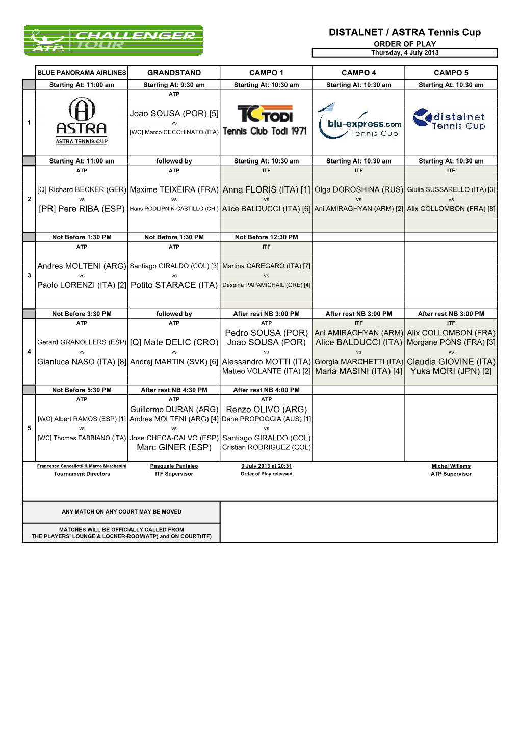DISTALNET / ASTRA Tennis Cup ORDER of PLAY Thursday, 4 July 2013
