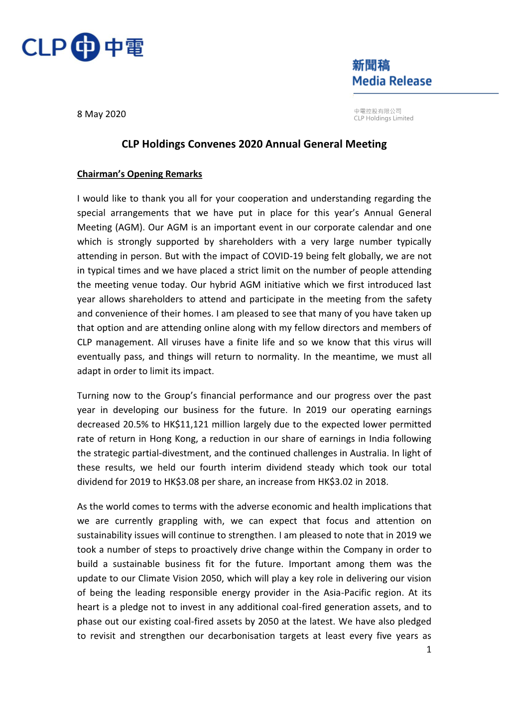 CLP Holdings Convenes 2020 Annual General Meeting
