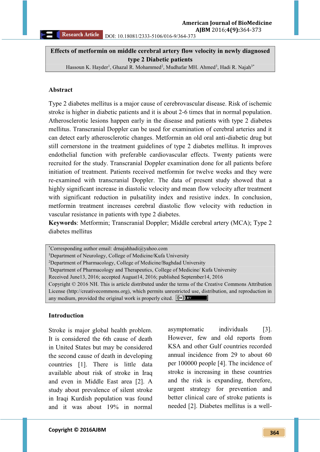 Effects of Metformin on Middle Cerebral Artery Flow Velocity in Newly Diagnosed Type 2 Diabetic Patients Hassoun K