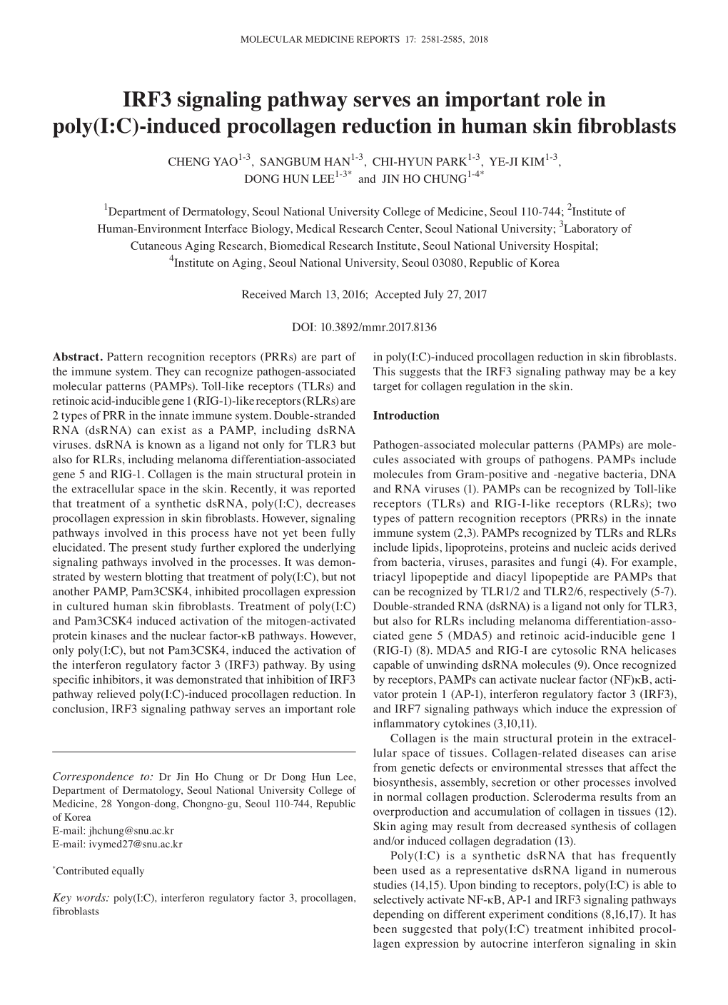 IRF3 Signaling Pathway Serves an Important Role in Poly(I:C)‑Induced Procollagen Reduction in Human Skin Fibroblasts