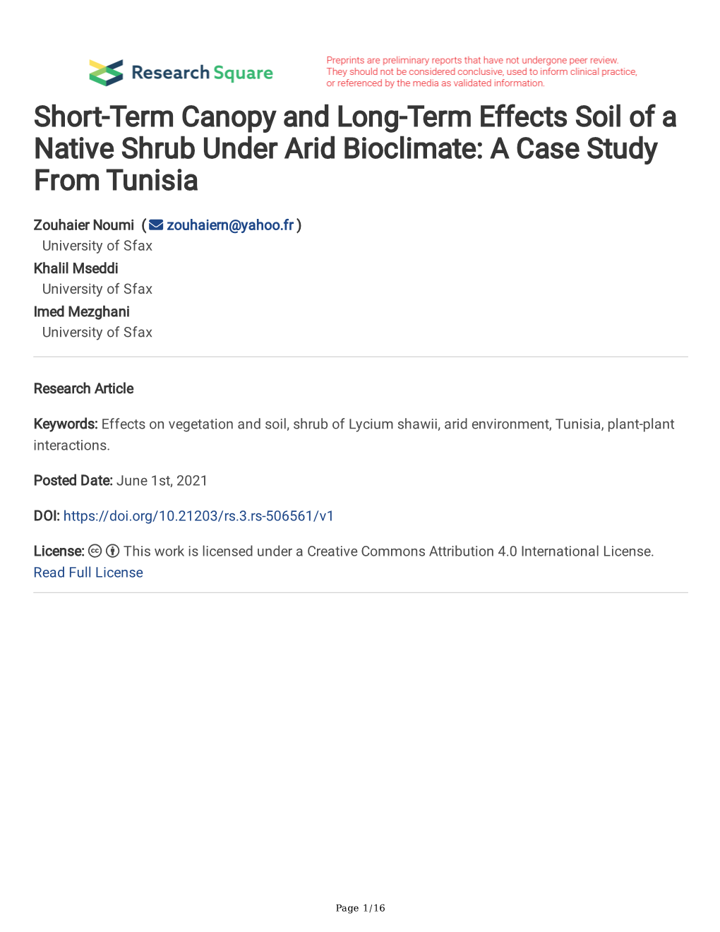 Short-Term Canopy and Long-Term Effects Soil of a Native Shrub Under Arid Bioclimate: a Case Study from Tunisia