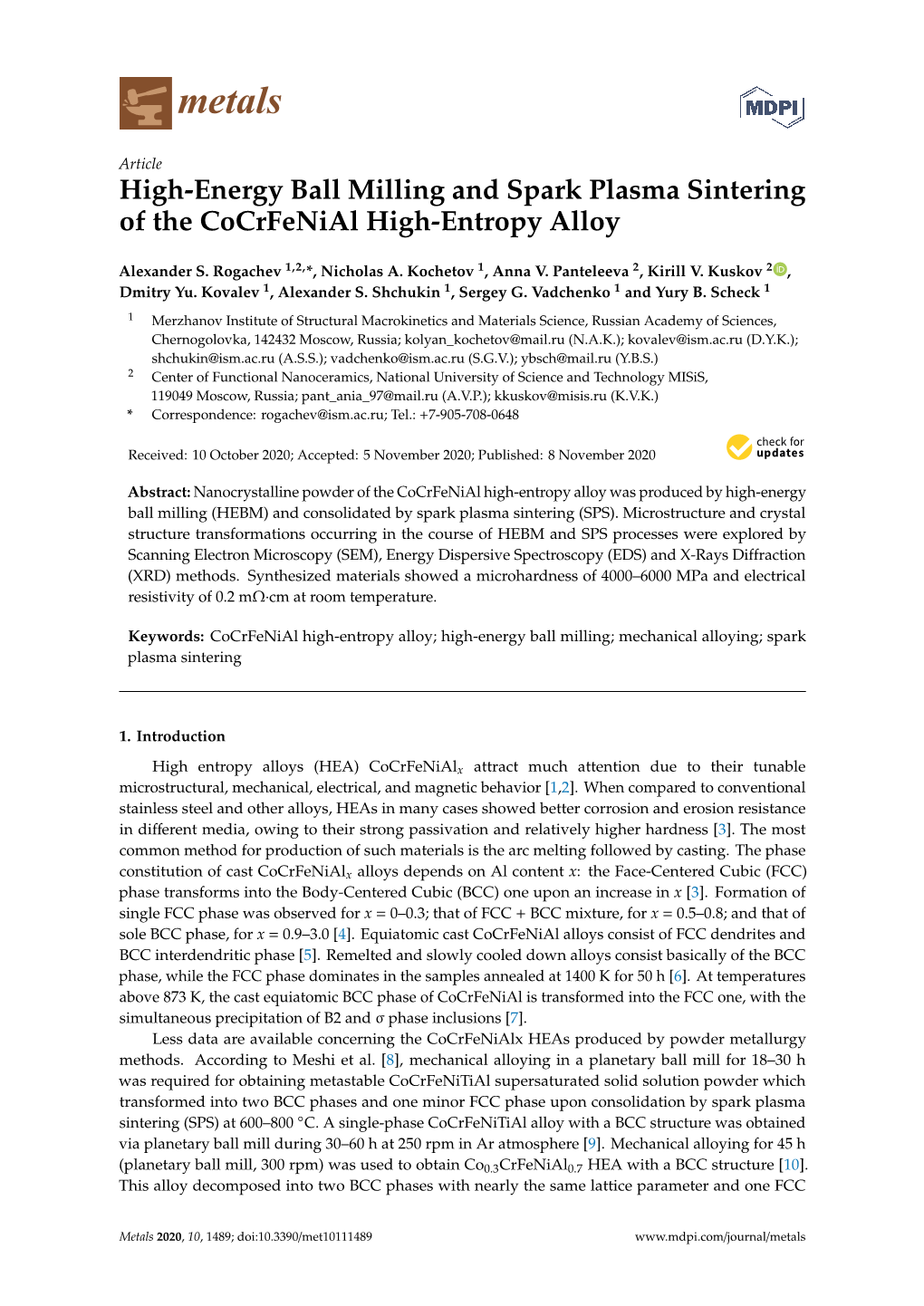 High-Energy Ball Milling and Spark Plasma Sintering of the Cocrfenial High-Entropy Alloy