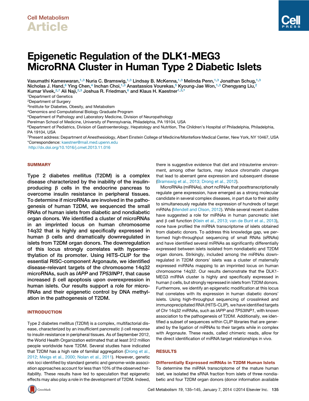 Epigenetic Regulation of the DLK1-MEG3 Microrna Cluster in Human Type 2 Diabetic Islets
