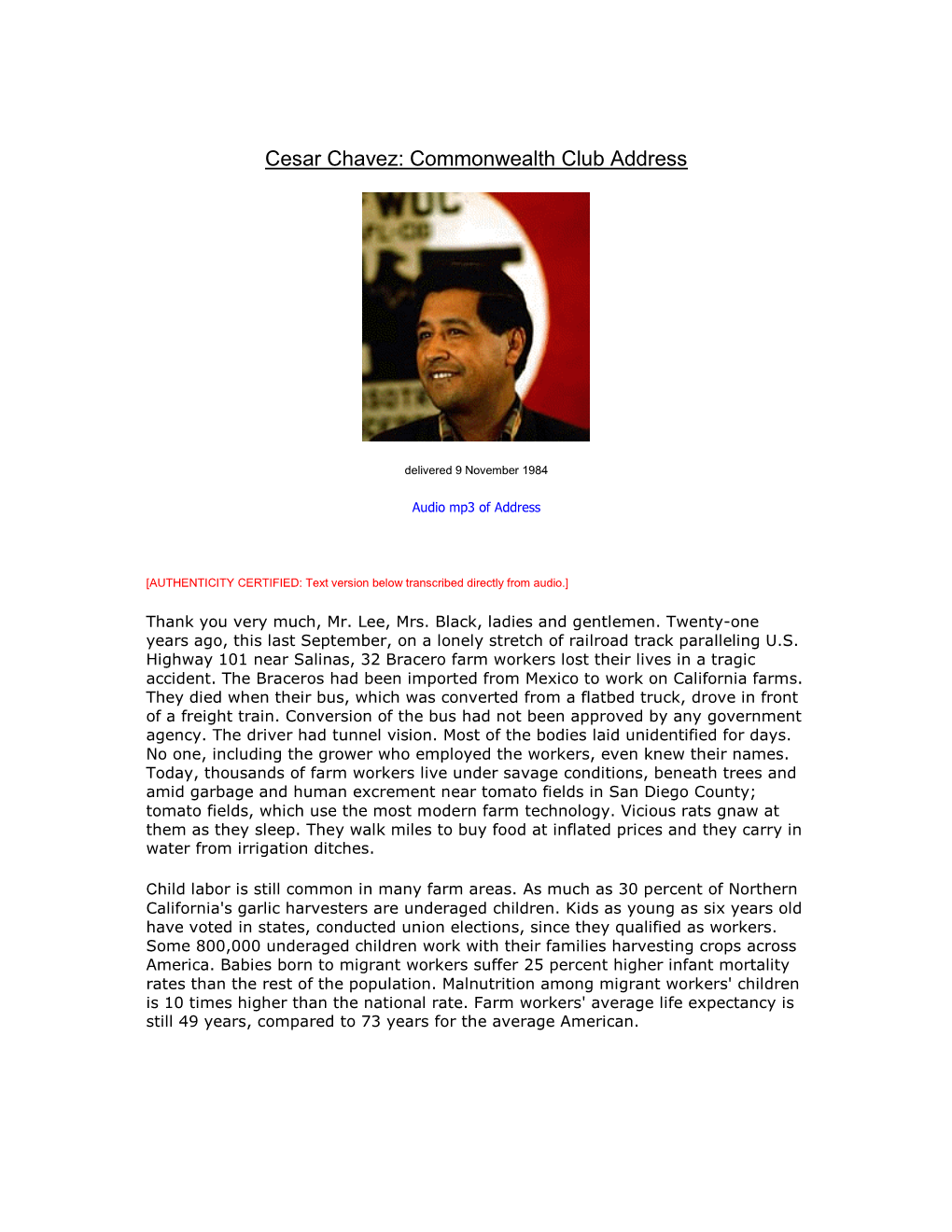 Cesar Chavez: Commonwealth Club Address