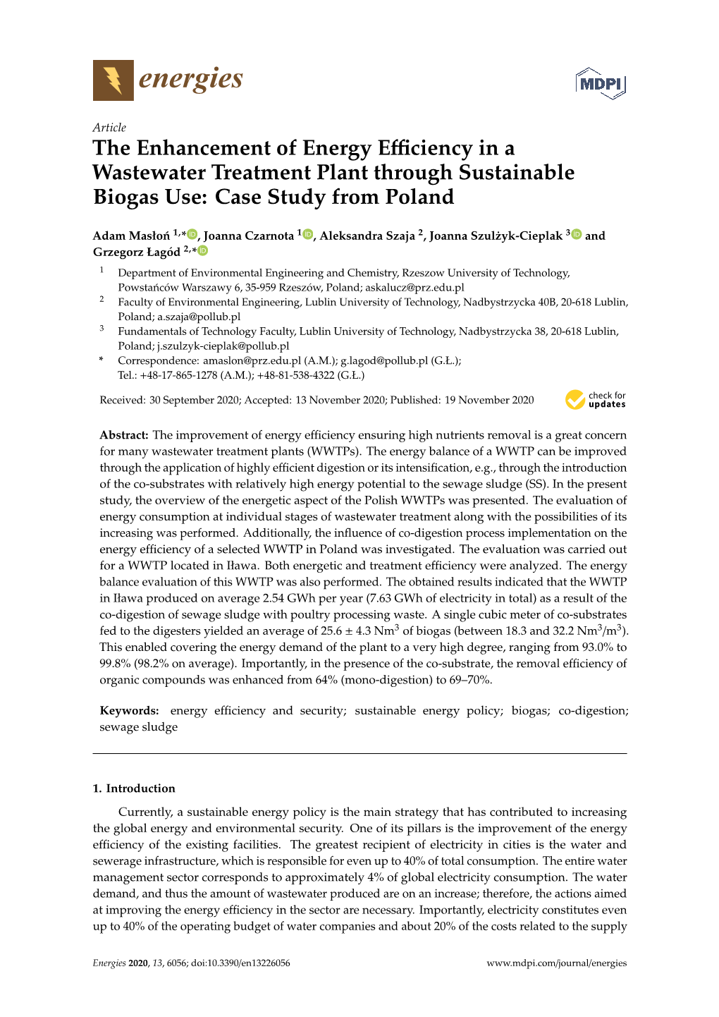 The Enhancement of Energy Efficiency in a Wastewater