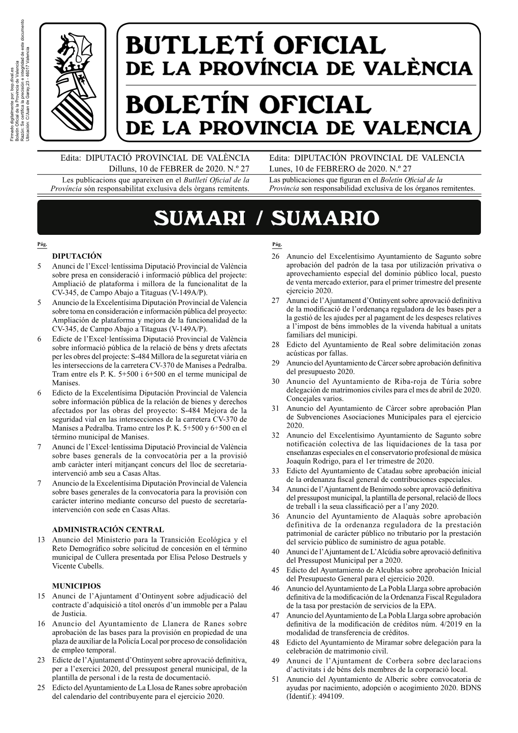 Edita: DIPUTACIÓ PROVINCIAL DE VALÈNCIA Edita: DIPUTACIÓN PROVINCIAL DE VALENCIA Dilluns, 10 De FEBRER De 2020