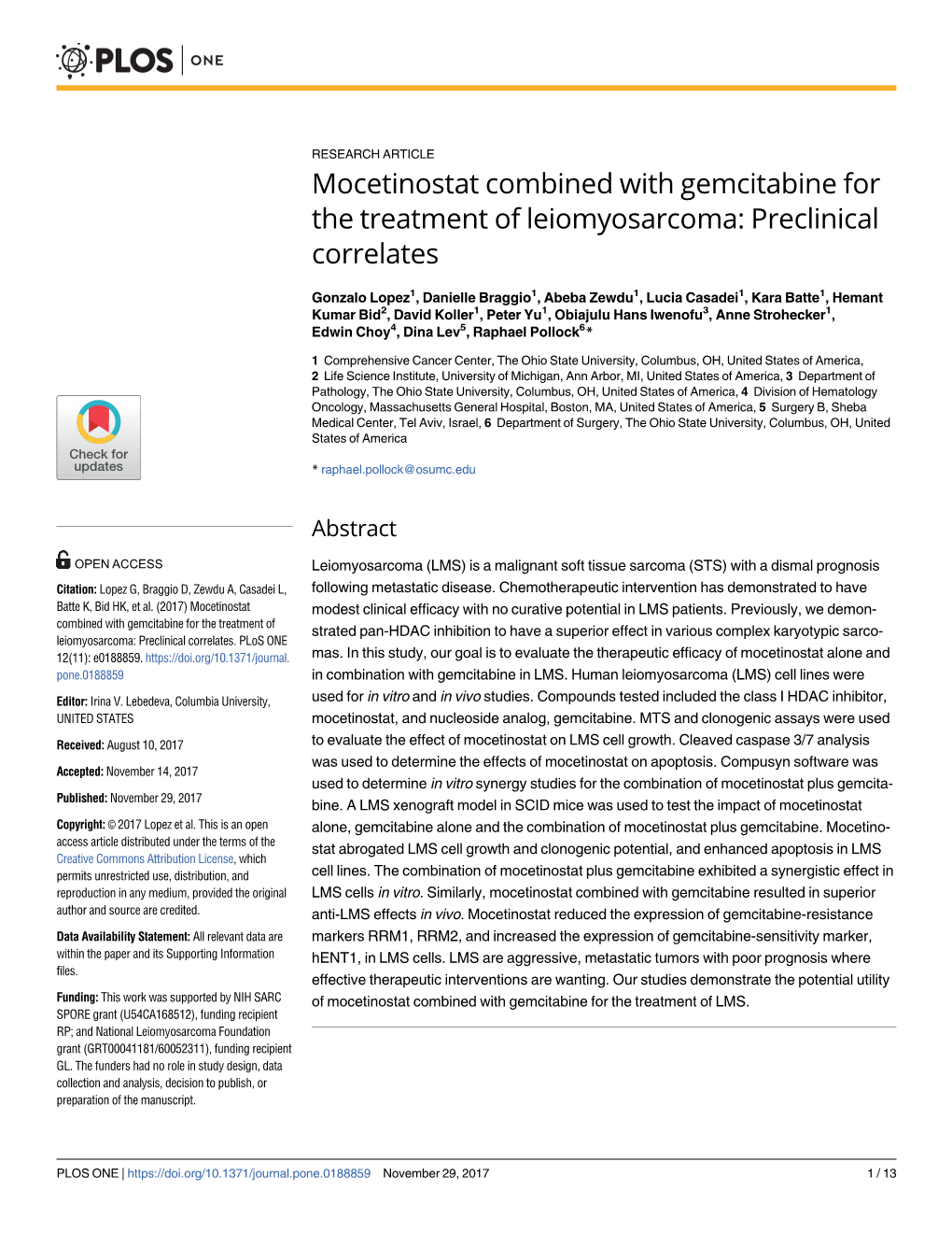 Mocetinostat Combined with Gemcitabine for the Treatment of Leiomyosarcoma: Preclinical Correlates