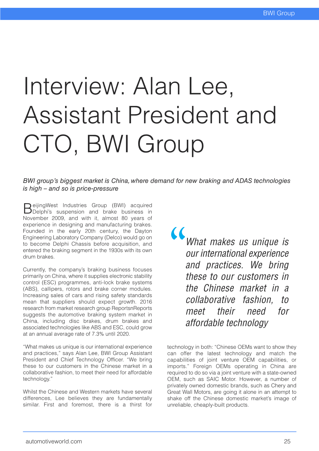 Interview: Alan Lee, Assistant President and CTO, BWI Group