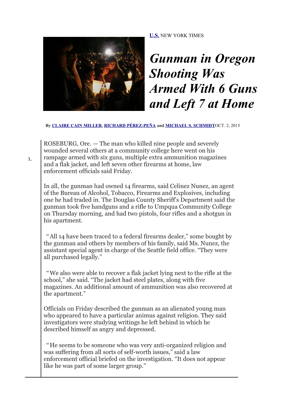 Gunman in Oregon Shooting Was Armed with 6 Guns and Left 7 at Home