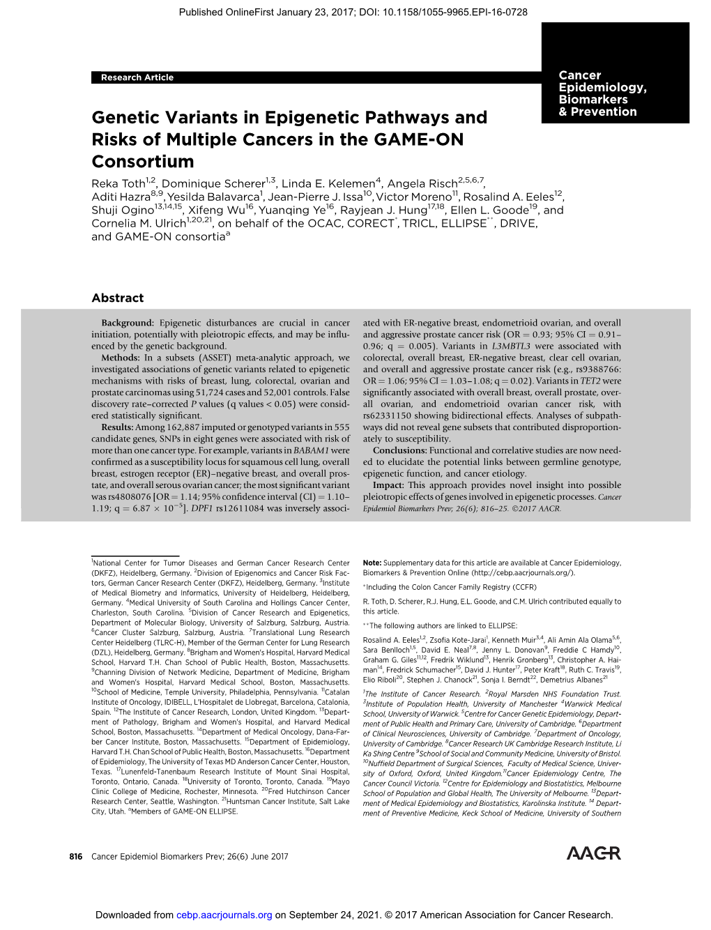 Genetic Variants in Epigenetic Pathways and Risks of Multiple Cancers in the GAME-ON Consortium