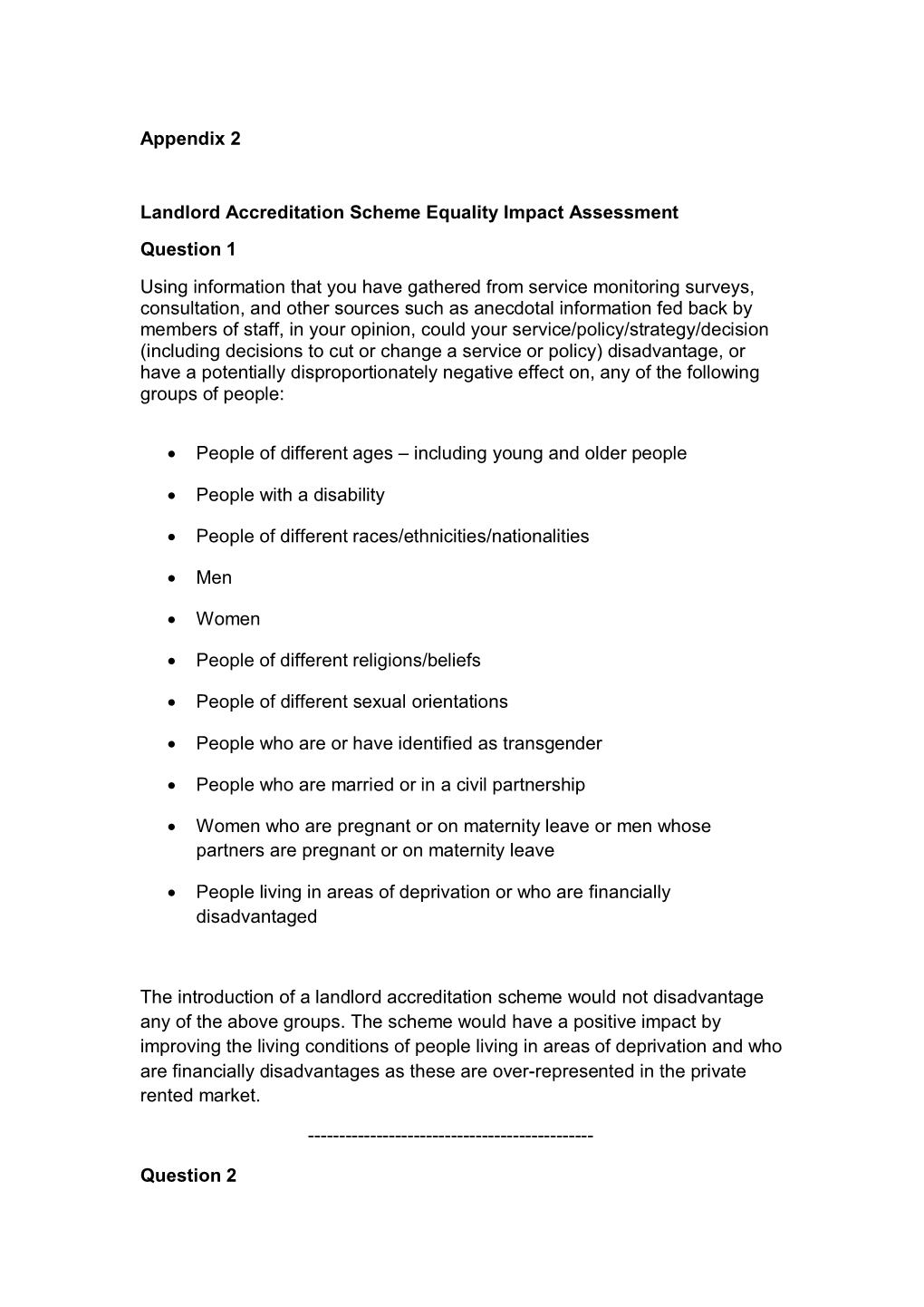 Landlord Accreditation Scheme Equality Impact Assessment Question 1