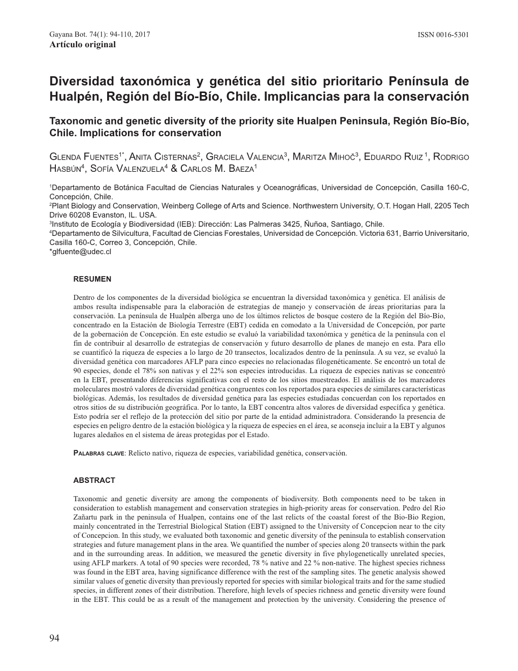 Diversidad Taxonómica Y Genética Del Sitio Prioritario Península De Hualpén, Región Del Bío-Bío, Chile