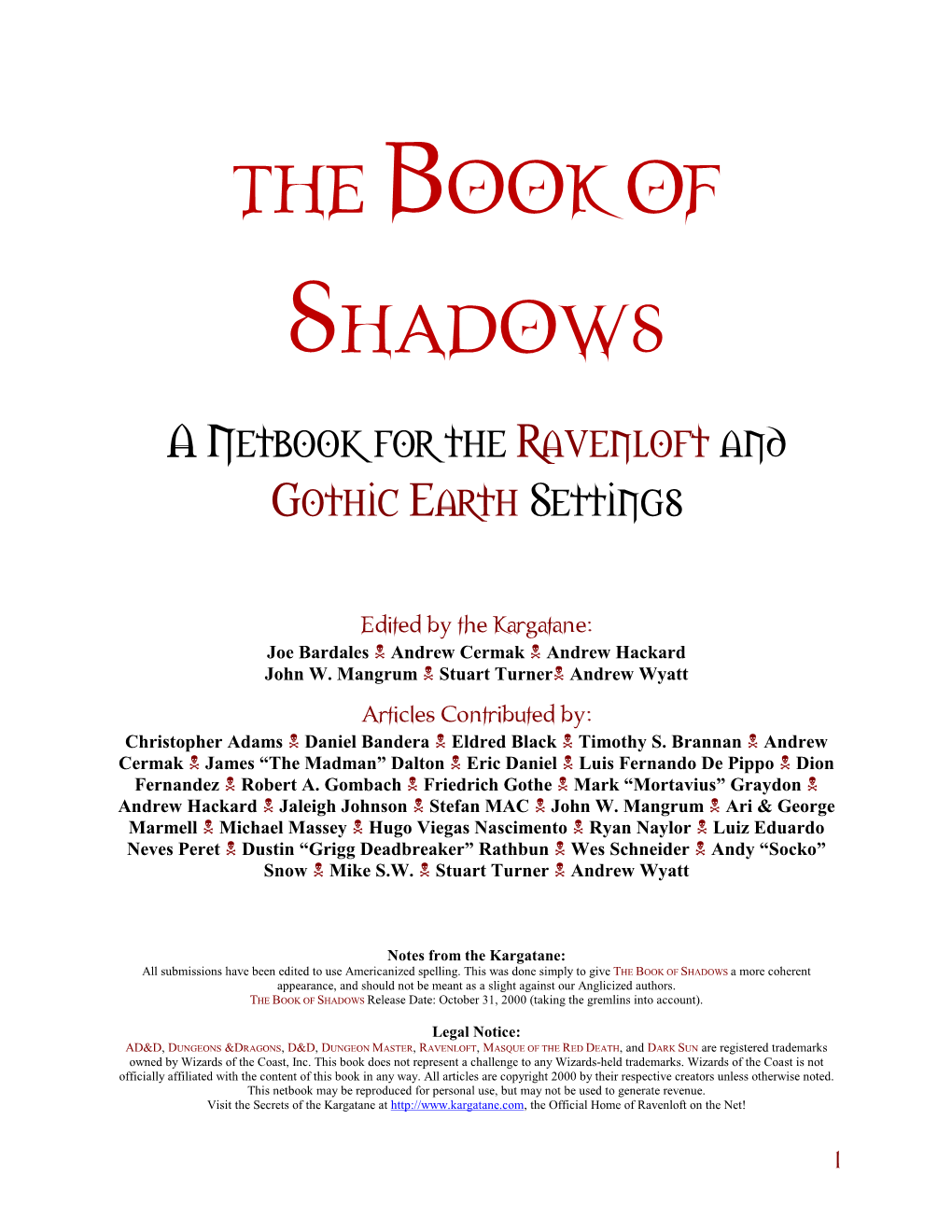 BOOK of SHADOWS a Netbook for the Ravenloft and Gothic Earth Settings