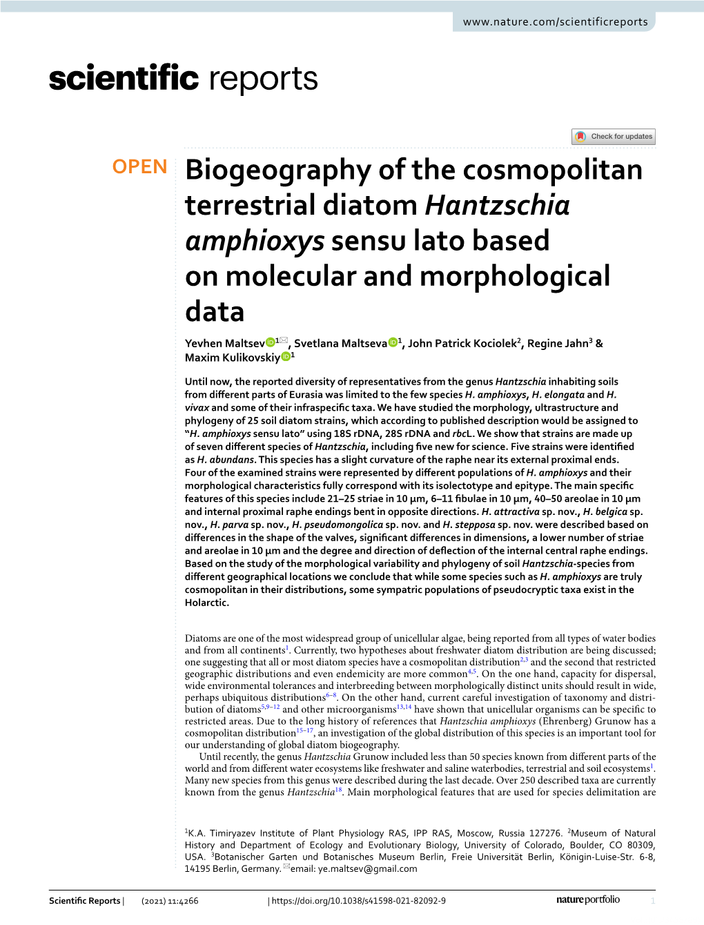 Biogeography of the Cosmopolitan Terrestrial Diatom Hantzschia