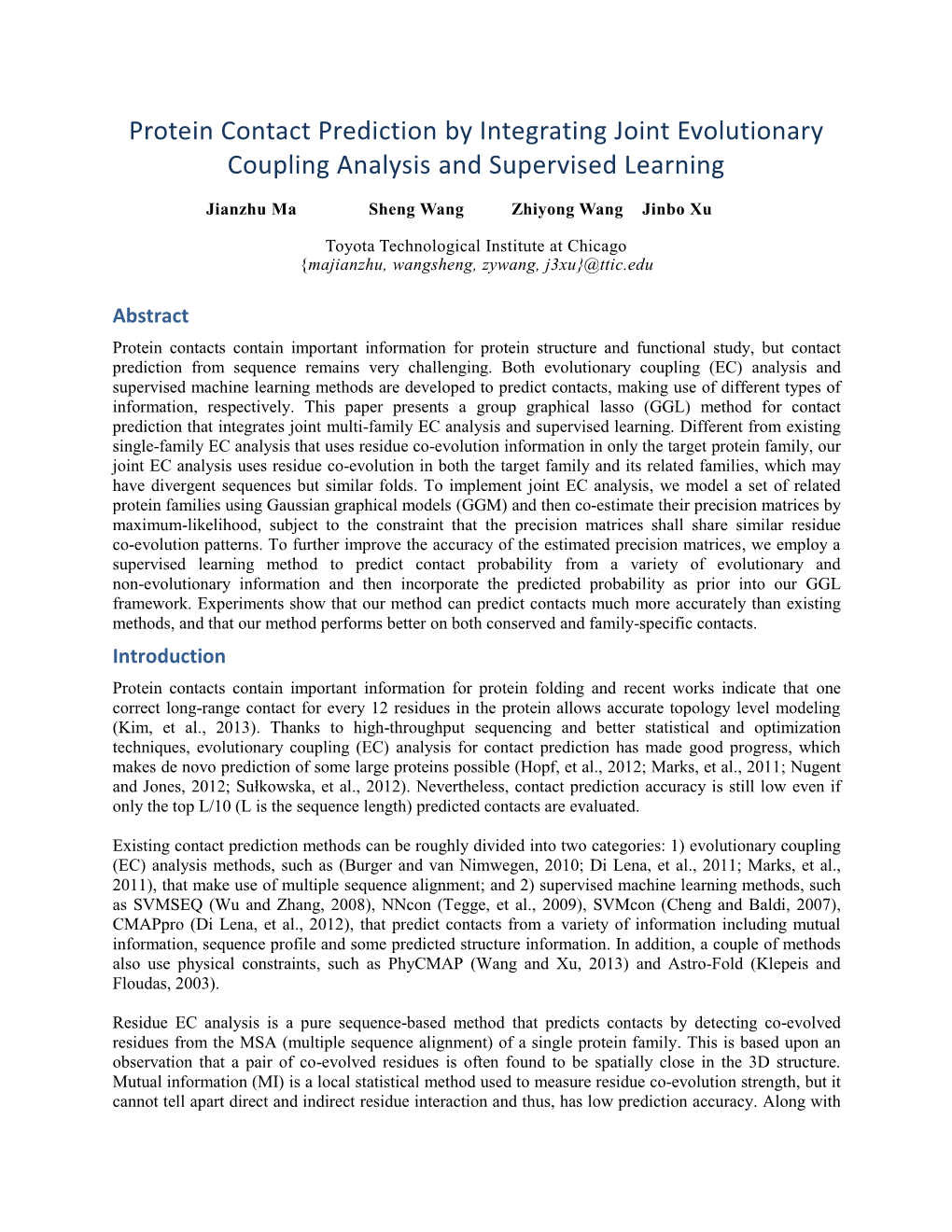 Protein Contact Prediction by Integrating Joint Evolutionary Coupling Analysis and Supervised Learning