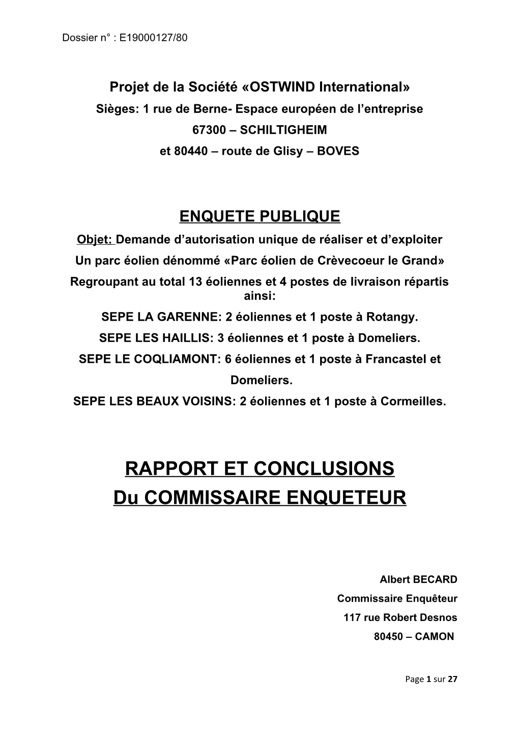 RAPPORT ET CONCLUSIONS Du COMMISSAIRE ENQUETEUR