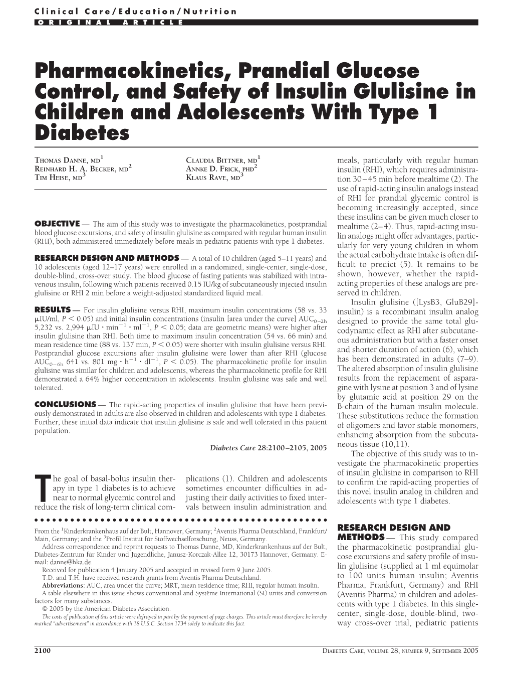 Pharmacokinetics, Prandial Glucose Control, and Safety of Insulin Glulisine in Children and Adolescents with Type 1 Diabetes