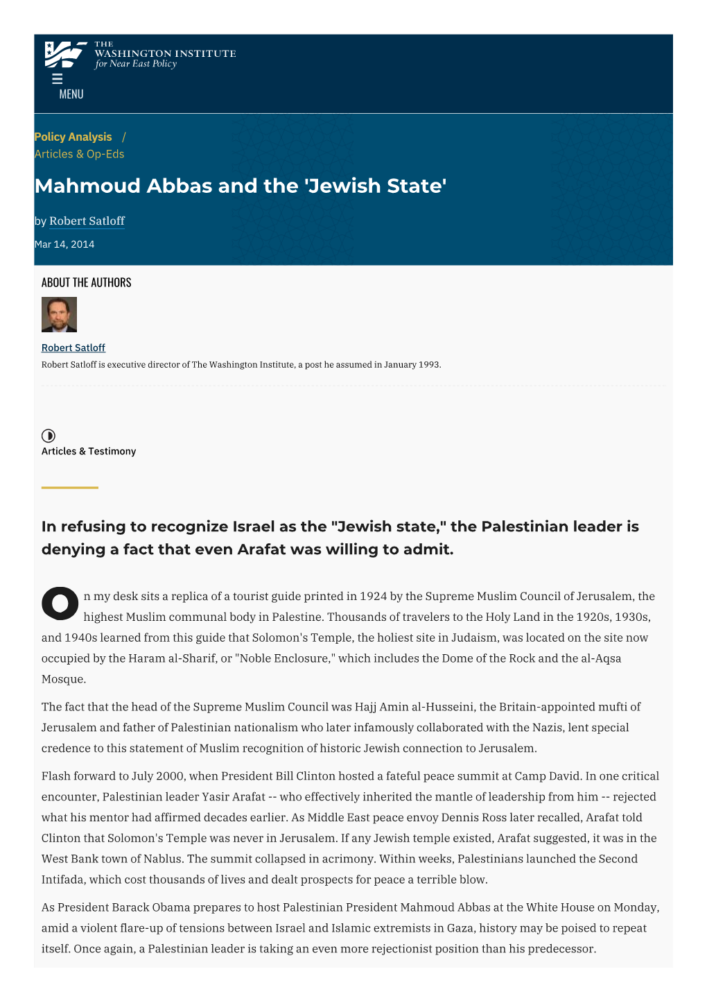Mahmoud Abbas and the 'Jewish State' | the Washington Institute