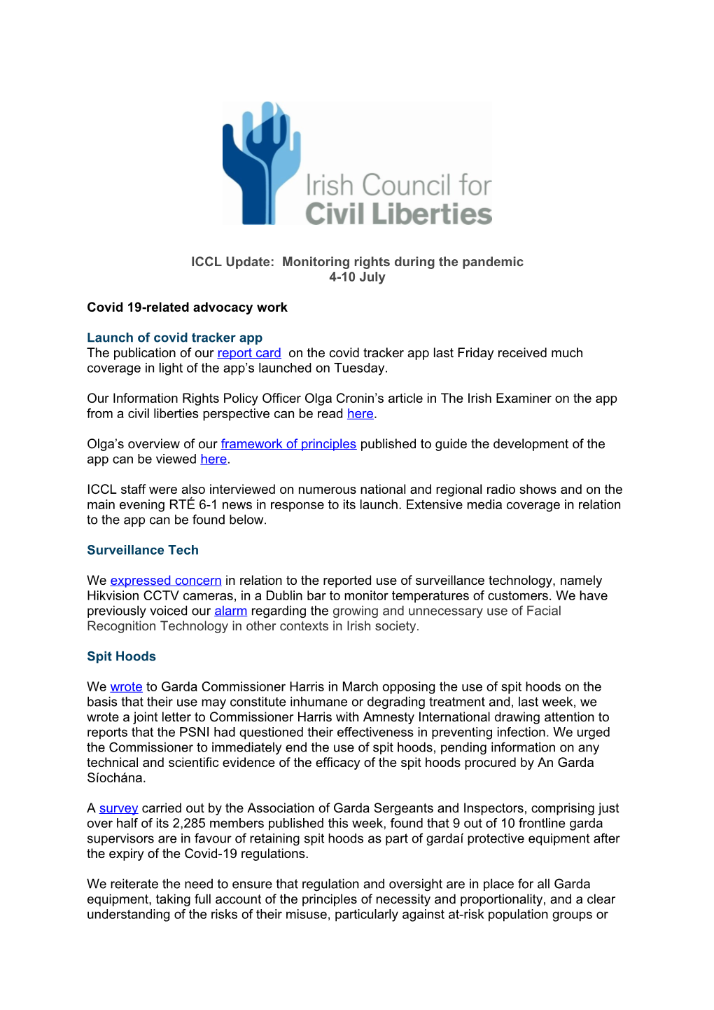 ICCL Update: Monitoring Rights During the Pandemic 4-10 July