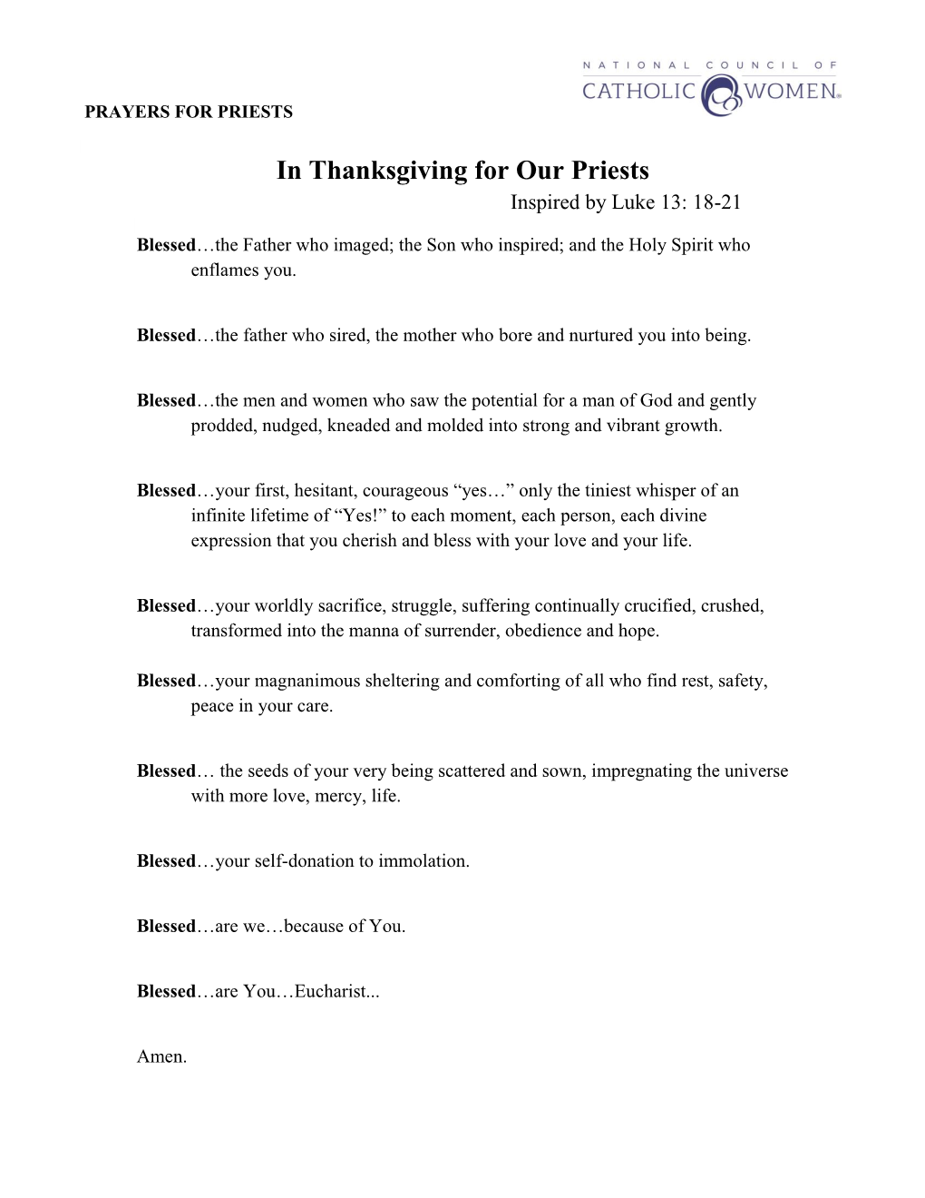 In Thanksgiving for Our Priests Inspired by Luke 13: 18-21