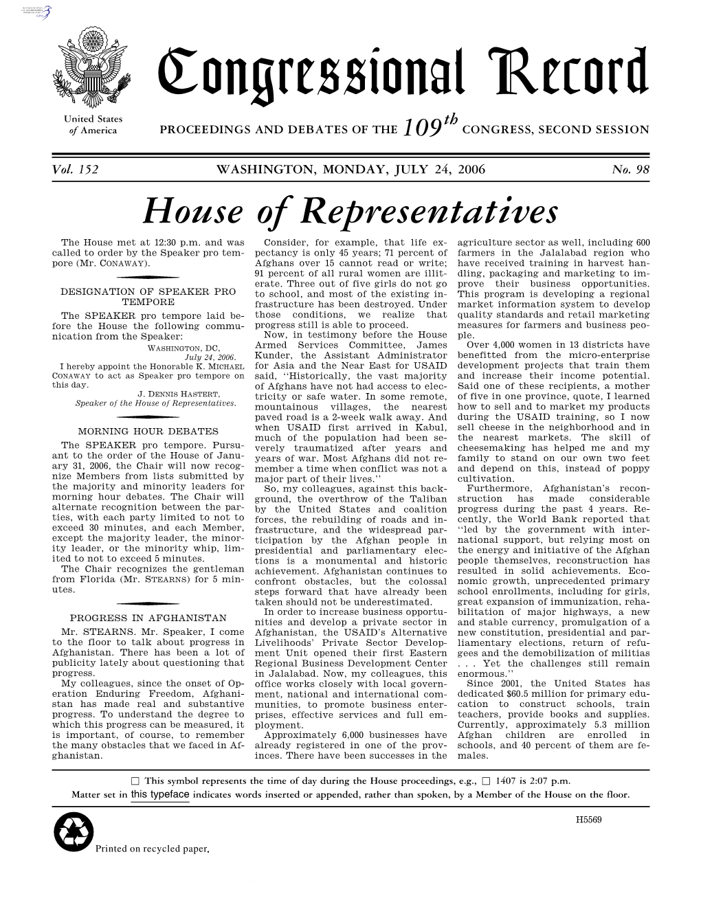 Congressional Record United States Th of America PROCEEDINGS and DEBATES of the 109 CONGRESS, SECOND SESSION