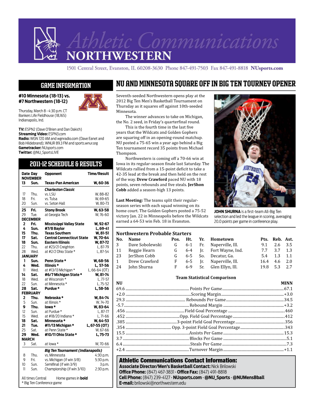 Nu and Minnesota Square Off in Big Ten Tourney Opener