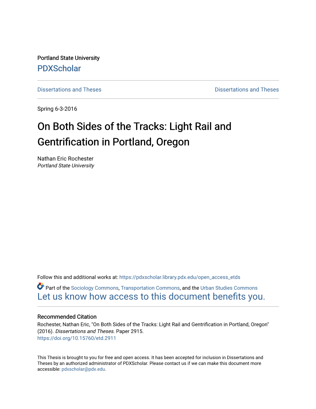 On Both Sides of the Tracks: Light Rail and Gentrification in Portland, Oregon